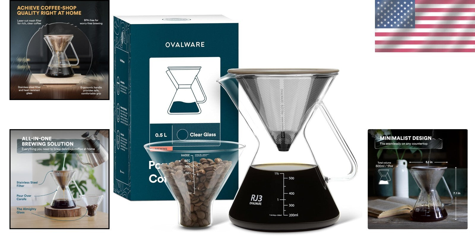 17oz Pour Over Coffee Maker with Stainless Steel Filter & Precision Measuring...