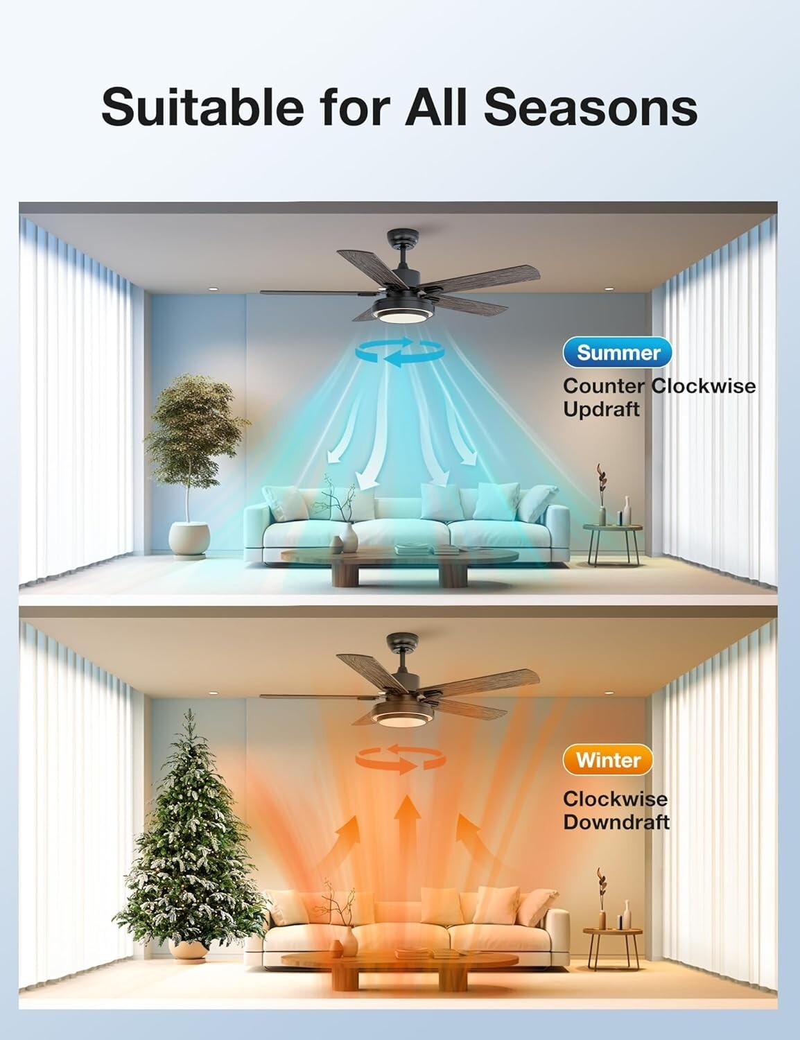 Versatile Ceiling Fans with LED Lights - 2 Pack, 52 Inch, Ideal for Home Decor