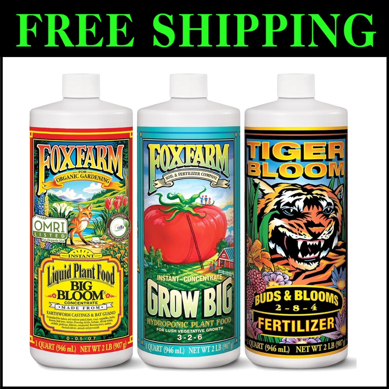 Organic Hydroponic Fertilizer Trio: Big Bloom, Grow Big & Tiger Bloom - 3 Pack