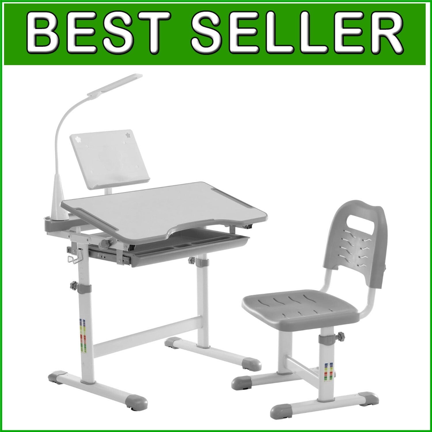 Durable Kids Desk and Chair Set with Adjustable Height and LED Lamp for Learning