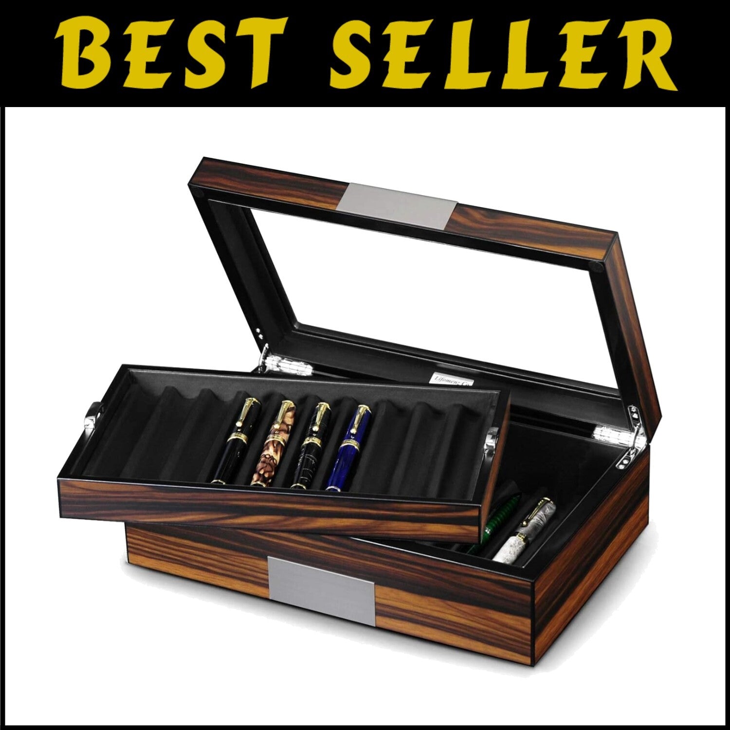 Portable Ebony Wood Pen Case with Glass Window - Protects & Displays 20 Pens