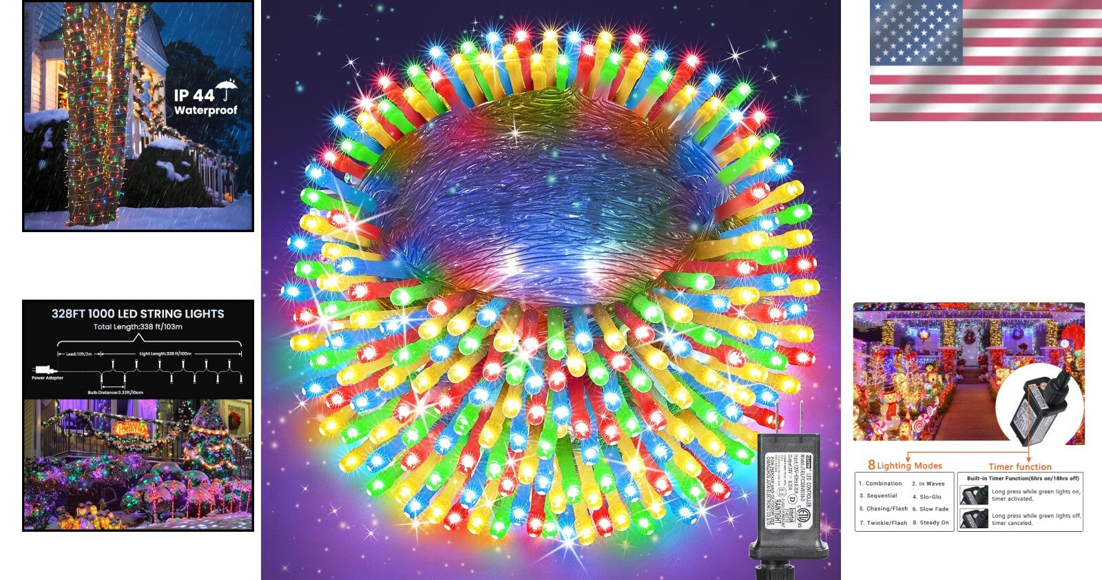 Multicolor Christmas String Lights - 338Ft LED with 8 Modes & Waterproof Design