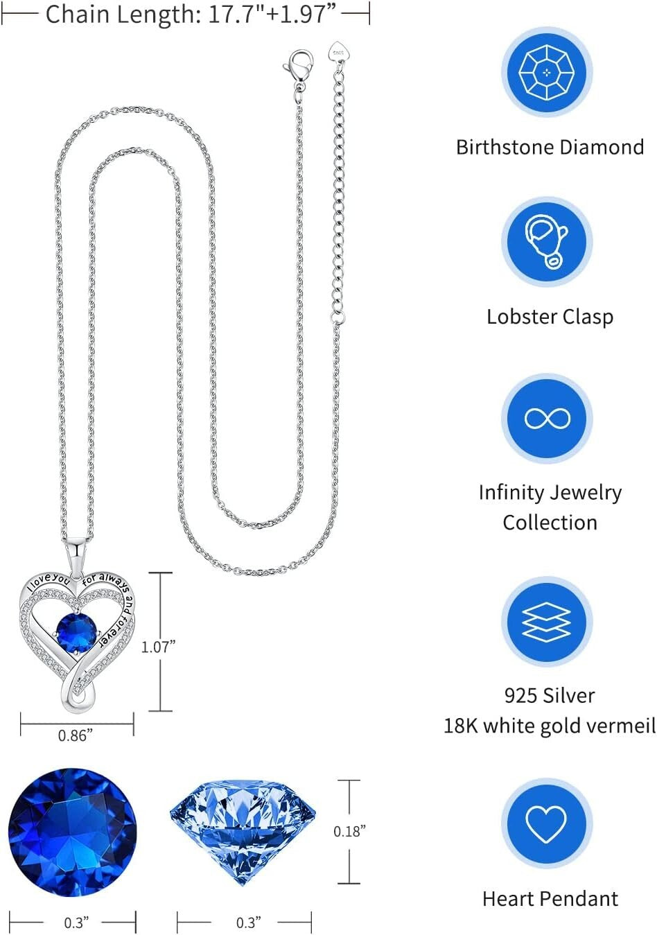 Elegantly Engraved Infinity Heart Birthstone Necklace in Sterling Silver