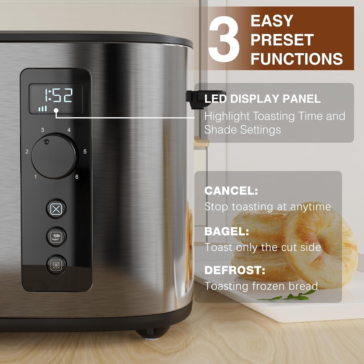 Elegant 4-Slice Toaster with 1.5" Slots & 6 Browning Settings – Ideal for Bagels
