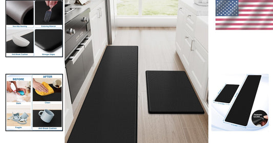 Black Non-Slip Anti-Fatigue Kitchen Mats Set - 17.3"x30" & 17.3"x70" for Comfort