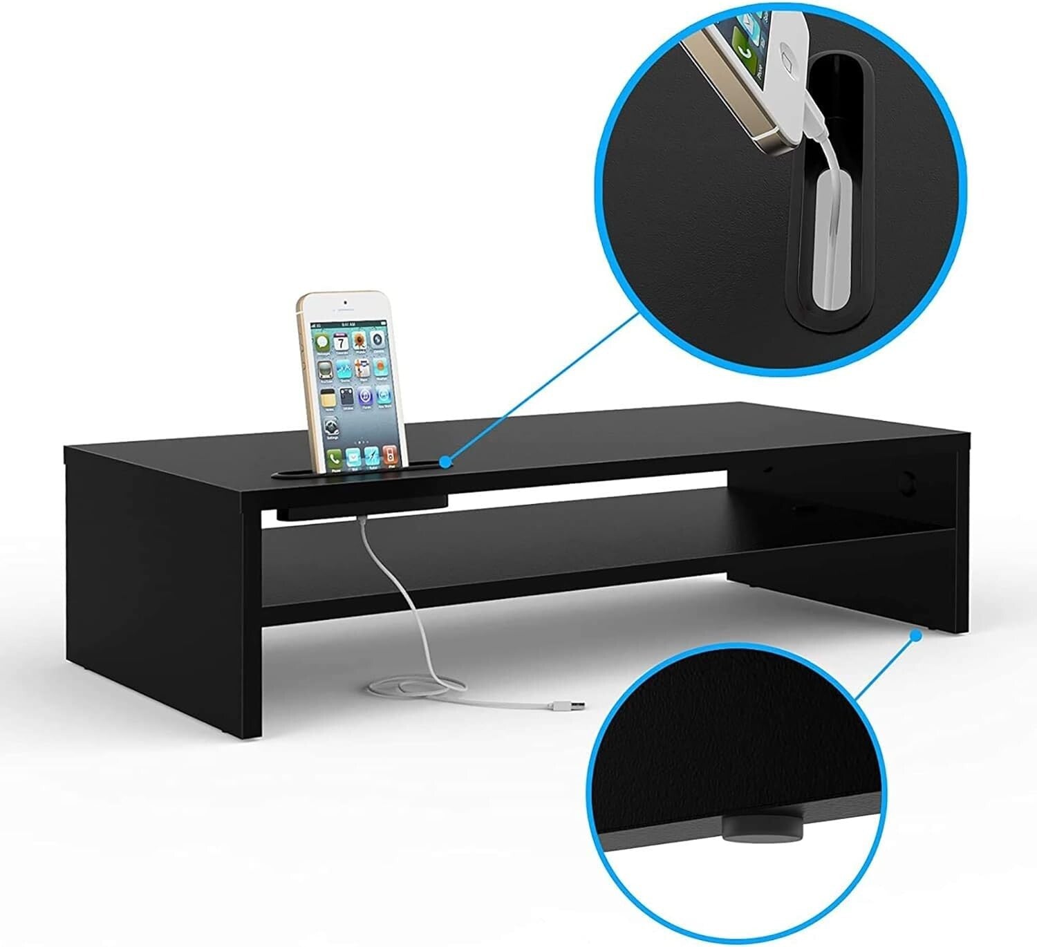Ergonomic Black Monitor Stand Riser & 2-Tier Organizer with Cellphone Holder