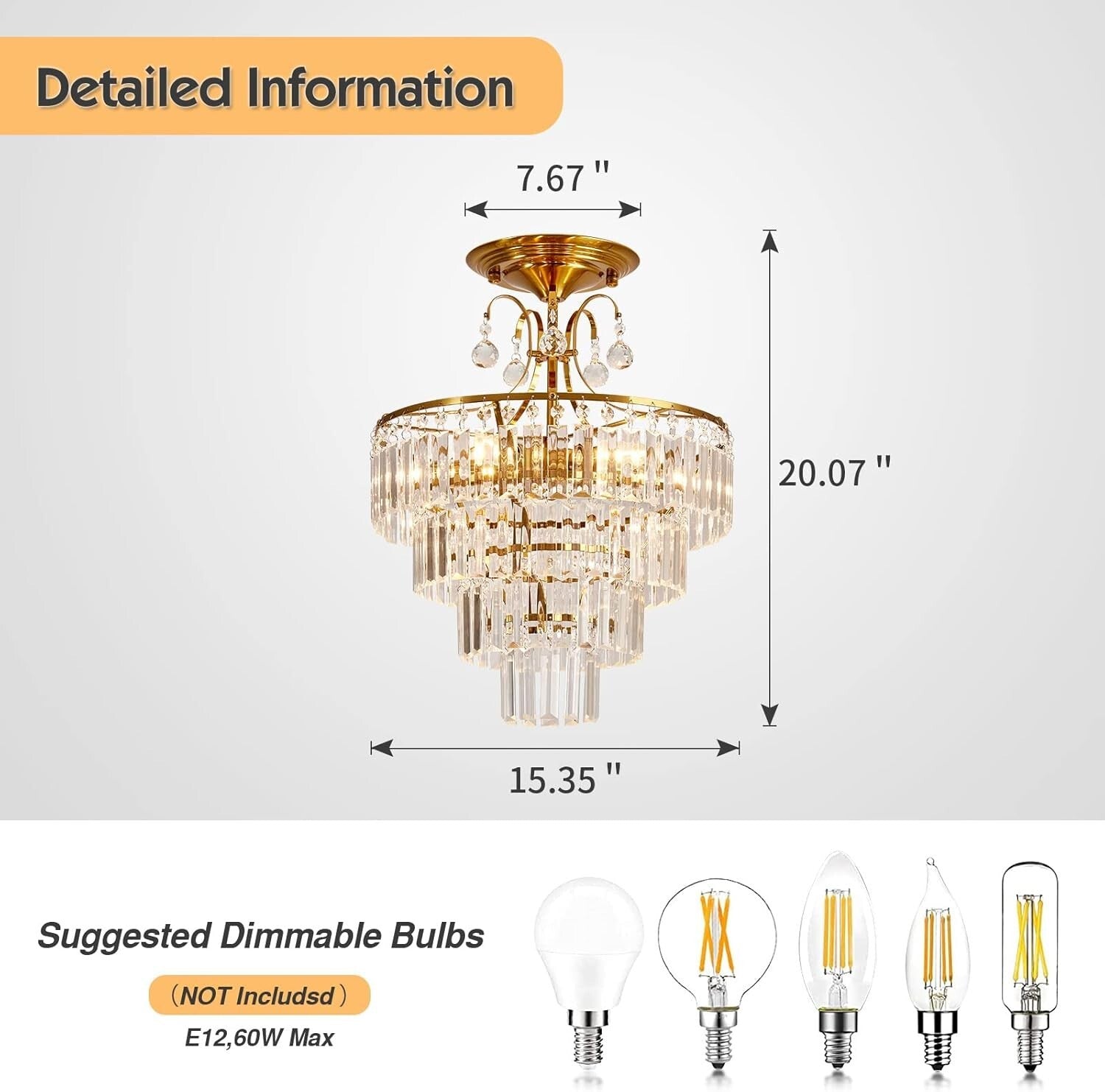 Chic Crystal Gold Semi Flush Mount Chandelier - Ideal for Living & Dining Rooms