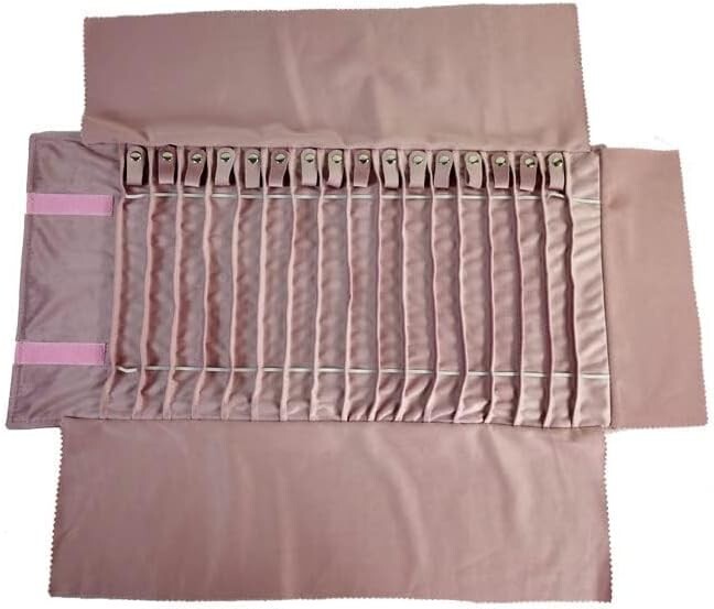 Elegant Portable Jewelry Roll in Embroidery Pink Velvet - 16 Holder Capacity