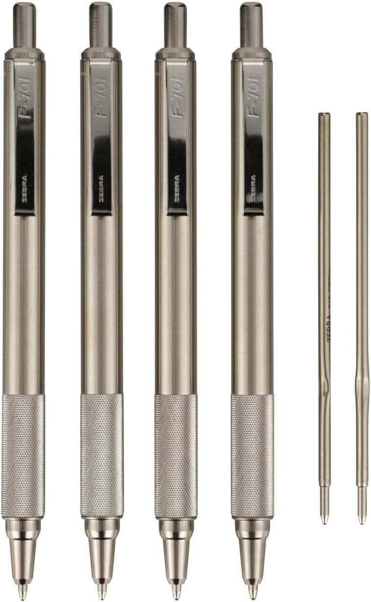 F-701 Retractable Ballpoint Pen 4-Pack - Stainless Steel, Fine 0.8mm Black Ink