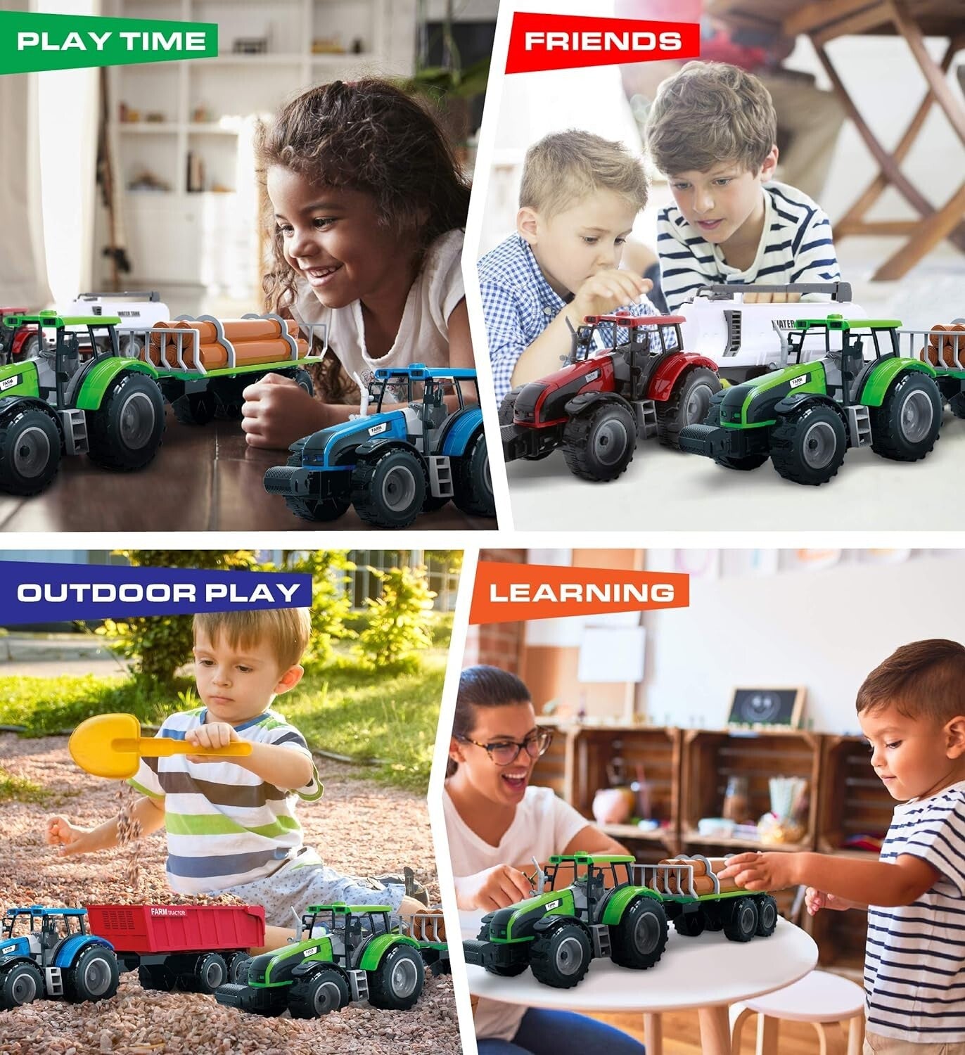 16-Inch Tractor Trailer Play Set - 3 Friction-Powered Farm Vehicles for Kids