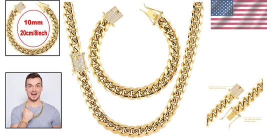 Durable 18K Gold Plated Stainless Steel Cuban Link Set - 24 Inch Men's Jewelry