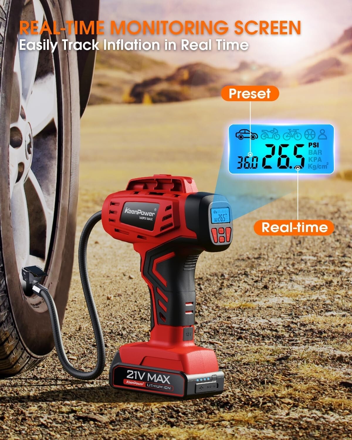 Field-Ready Tire Air Pump - Digital Pressure Gauge, 160 PSI & Dual Power Supply