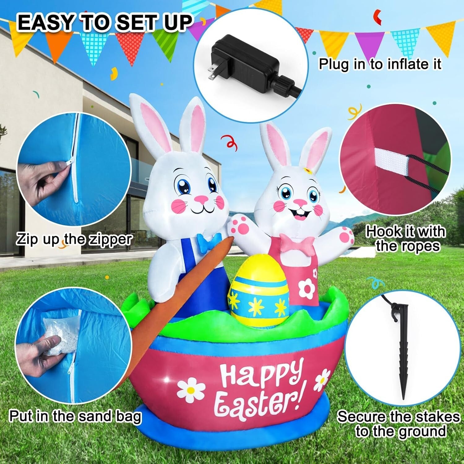 Easy Setup 5FT Easter Bunny Inflatables with LED Lights - Fun Yard Decoration