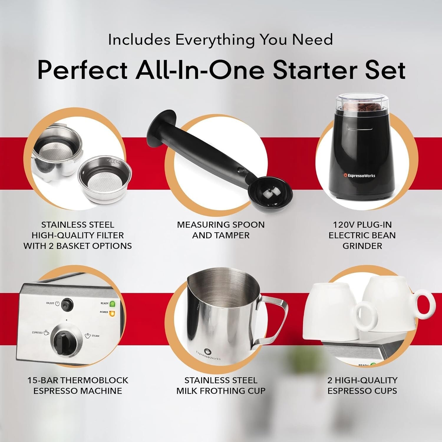 Professional Espresso Machine with Grinder & Milk Frothing Cup - 7-Piece Bundle