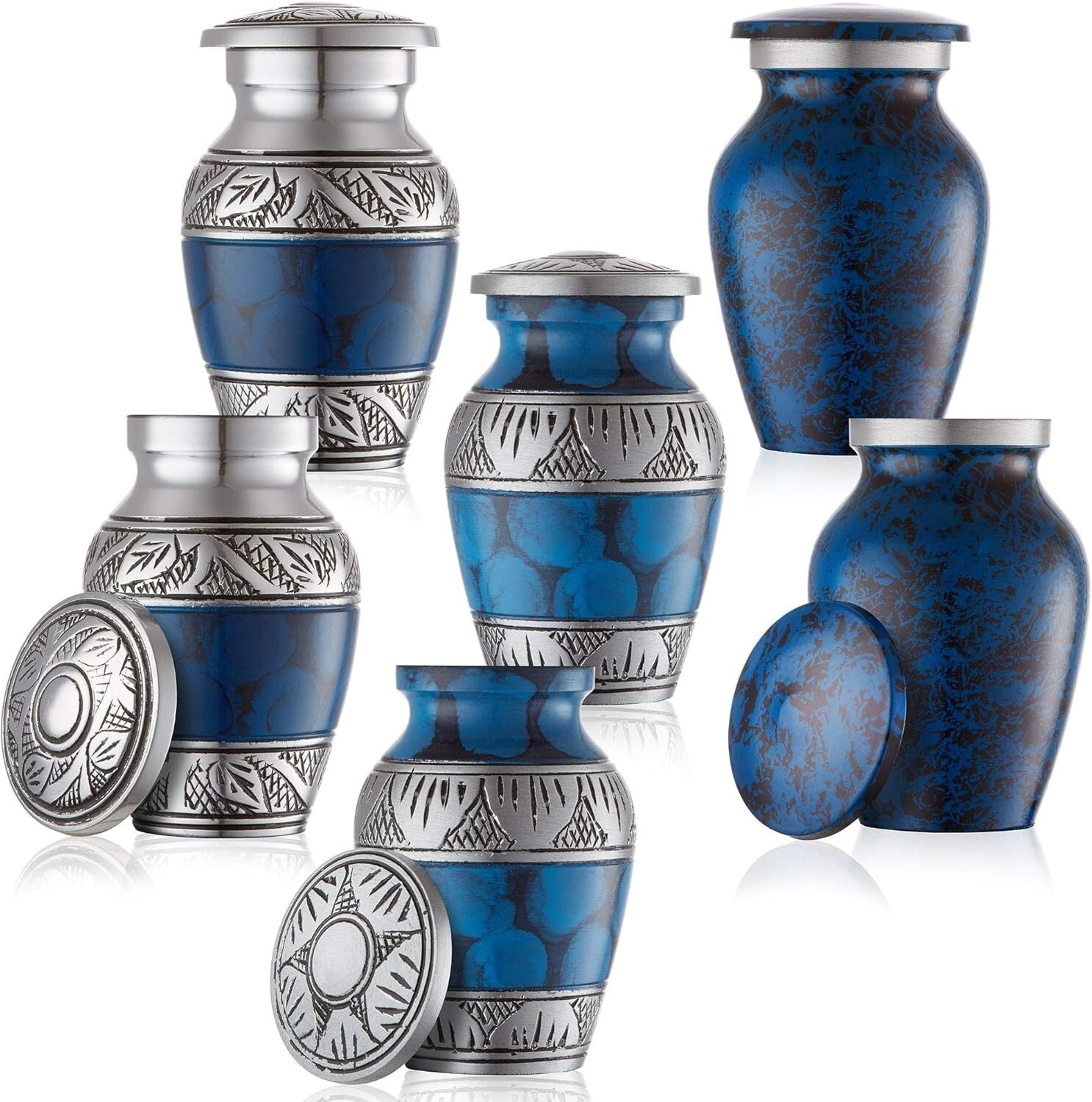Set of 6 Mini Blue Cremation Urns with Velvet Case - Elegant Keepsake Collection