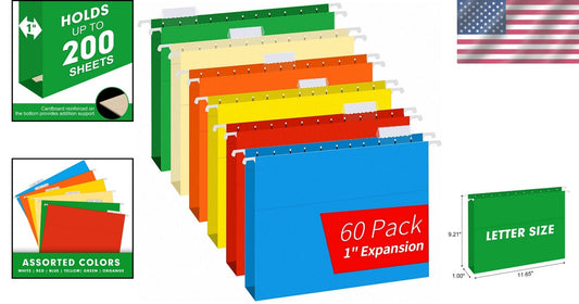 Durable Expandable File Folders with Adjustable Tabs - 60 Pack Assorted Colors