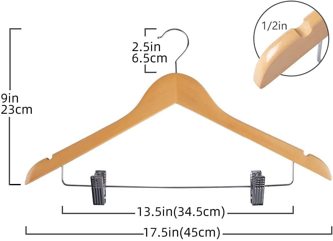Natural Wooden Hangers with Clips - Non-Slip, 20 Pack for Heavy Clothes