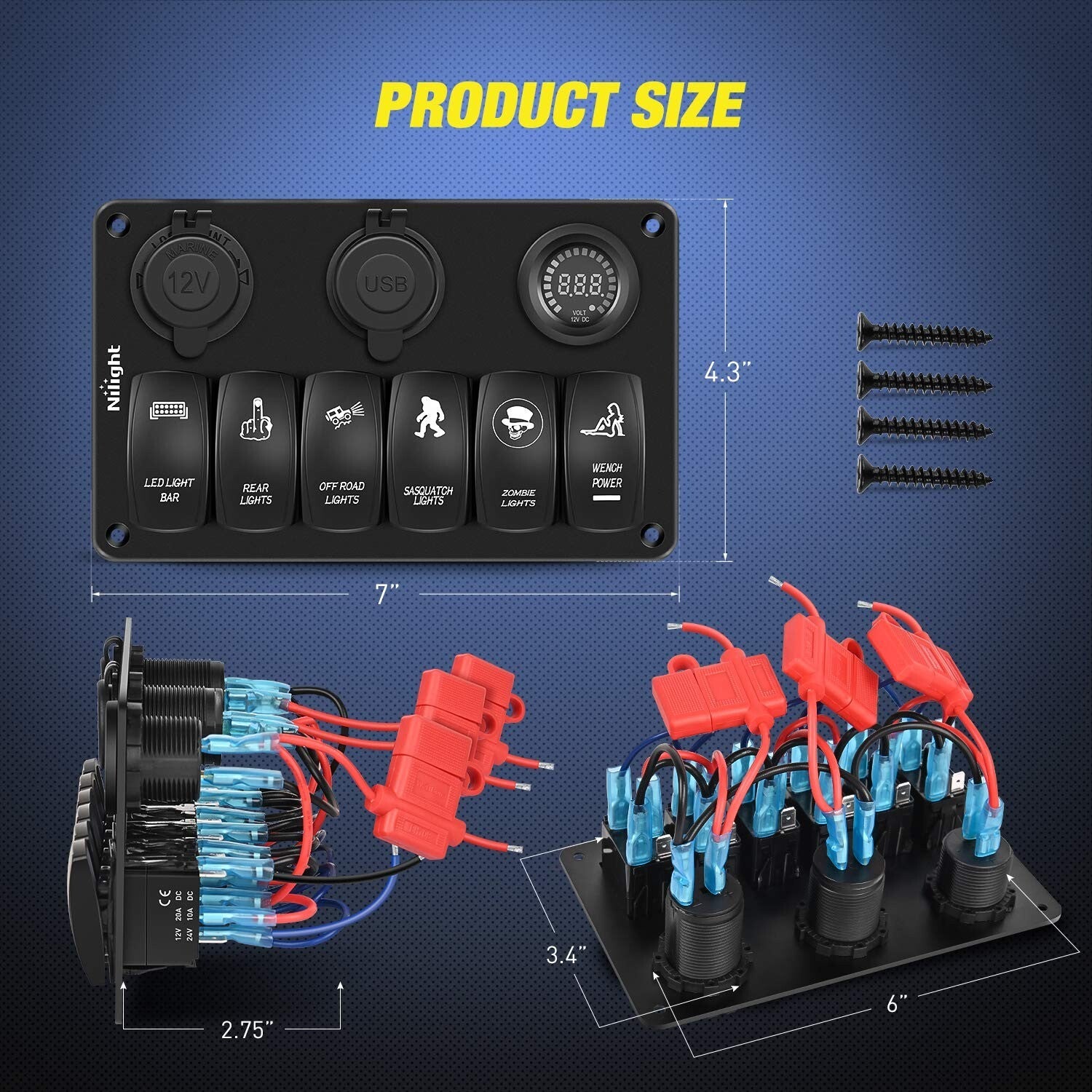 Durable Laser-Etched 6 Gang Switch Panel with USB, Voltmeter & Cigarette Lighter