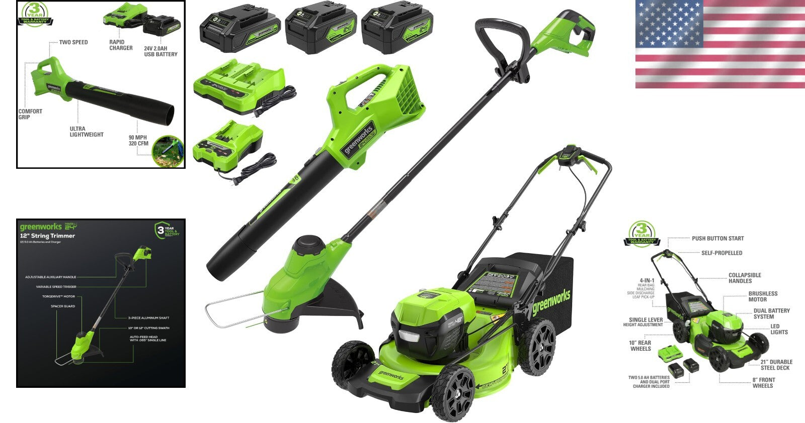 All-In-One Cordless 48V Lawn Tool Set: 21" Mower, Trimmer & Leaf Blower Included