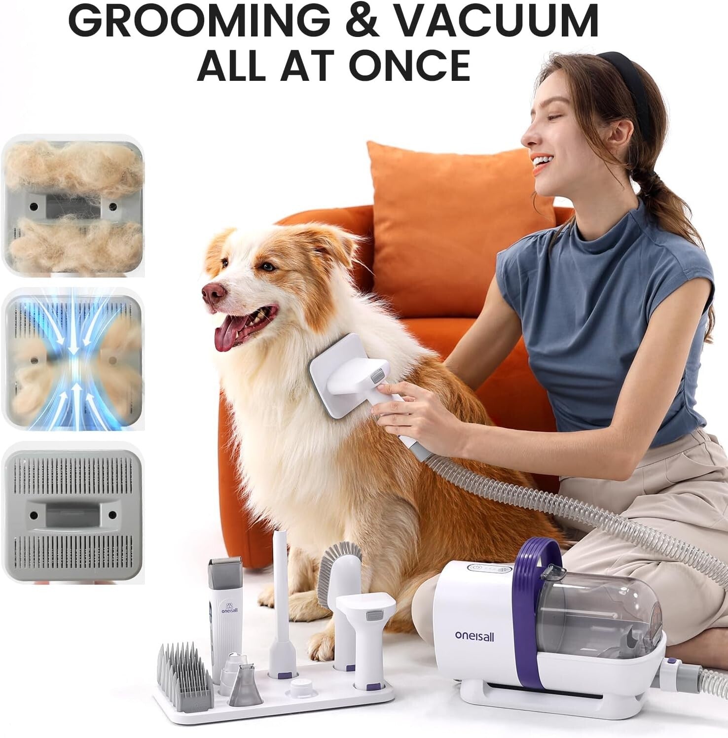 Effortless Dog Grooming Vacuum with 7 Pet Tools - Low Noise & Easy Empty Design