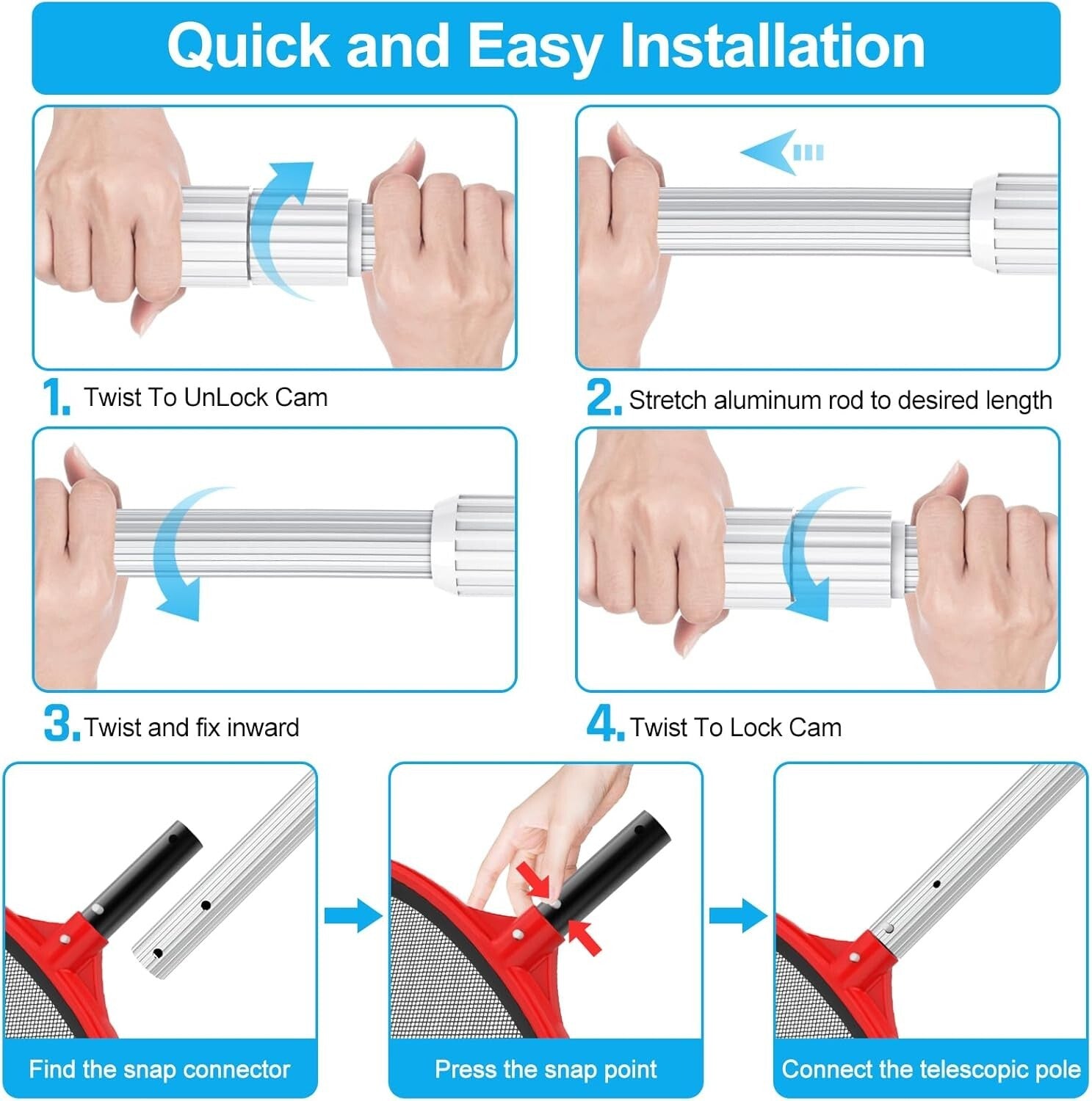 15ft Telescopic Aluminum Pool Cleaning Pole - Heavy Duty, Slip Resistant Design