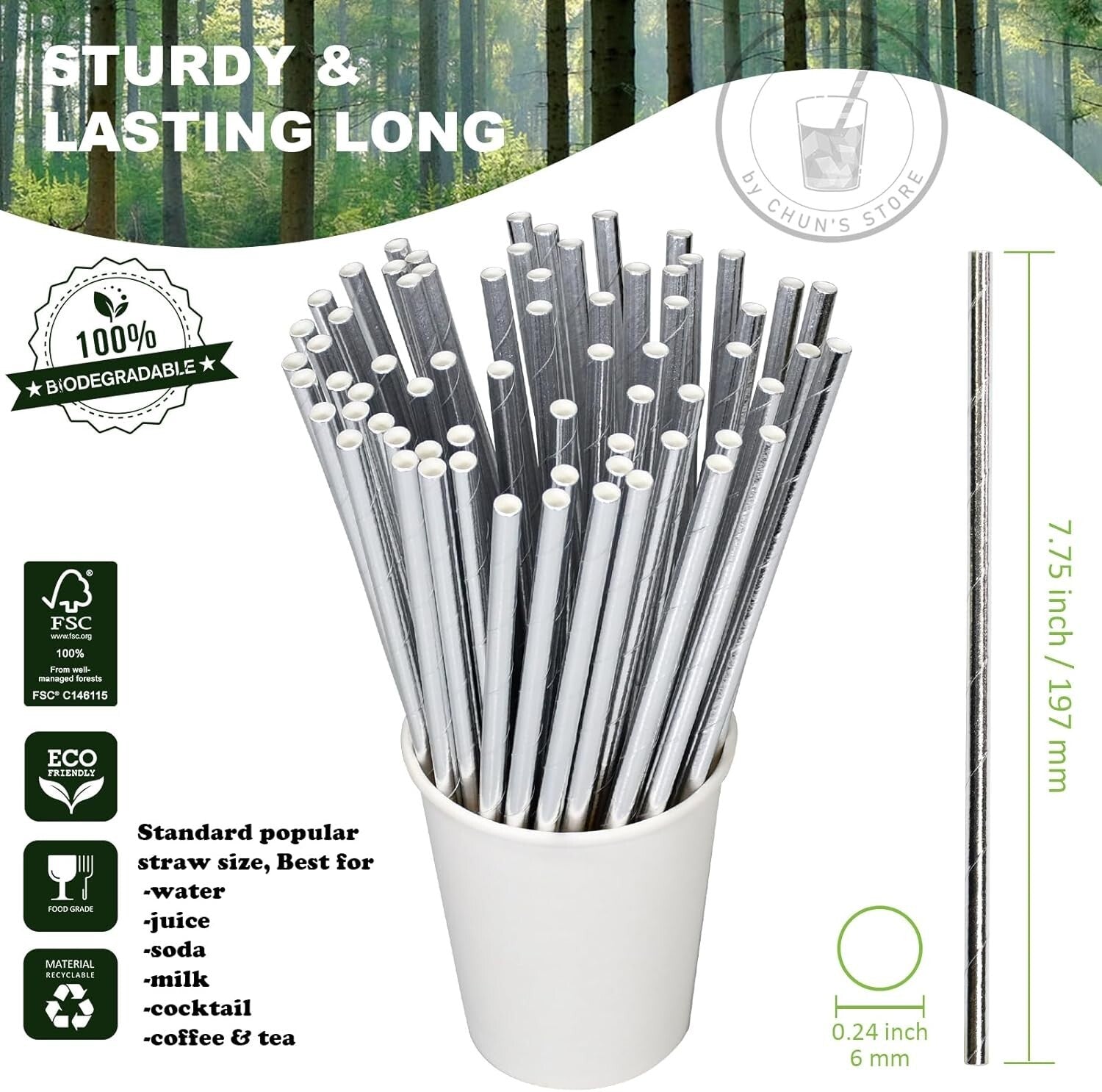 7.75" Stylish Silver Disposable Paper Straws - Perfect for Cocktails & Parties