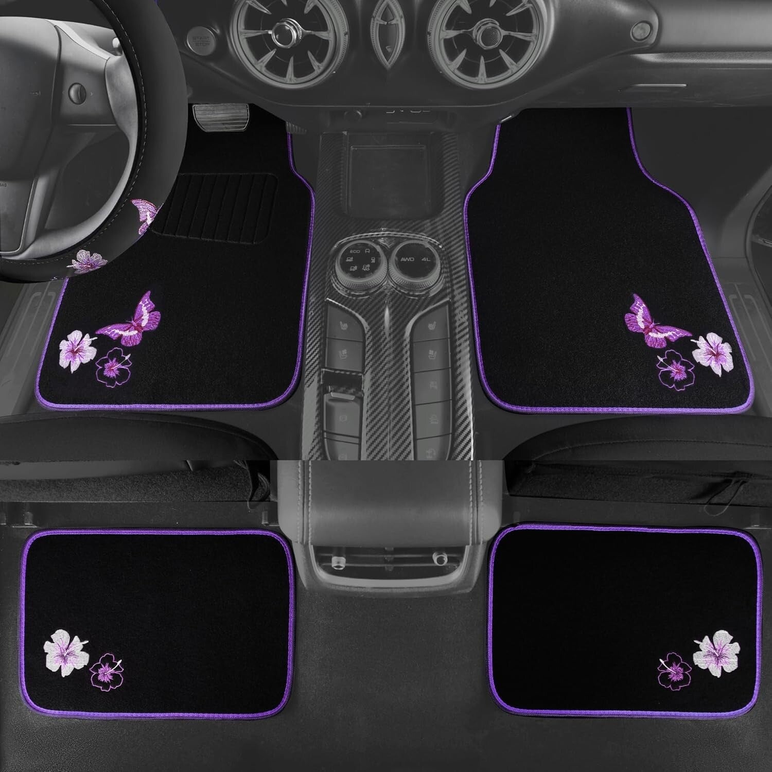 Elegant Purple Car Mats and Butterfly Steering Wheel Set - Easy Installation