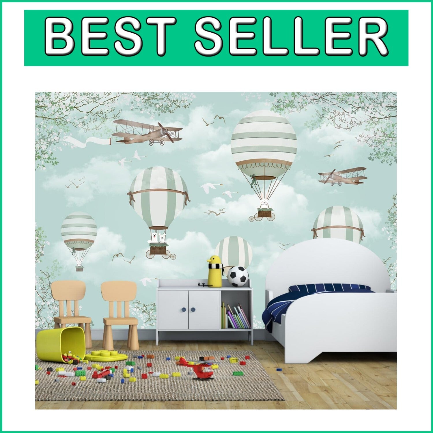 Animal-Themed Hot Air Balloon Wallpaper Mural - Perfect for Nurseries