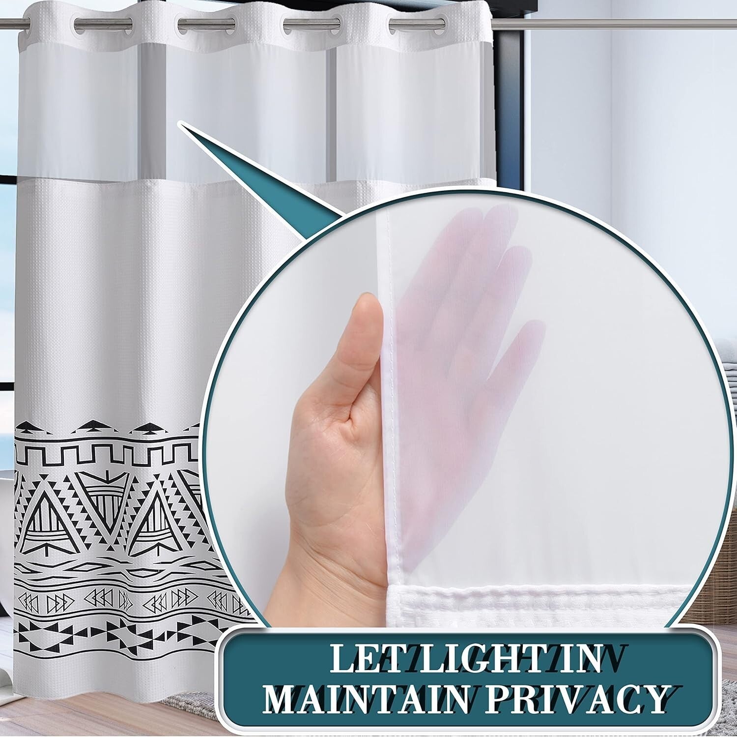 Boho Waffle Weave Shower Curtain with Snap-in Liner - Waterproof & Stylish 71x84