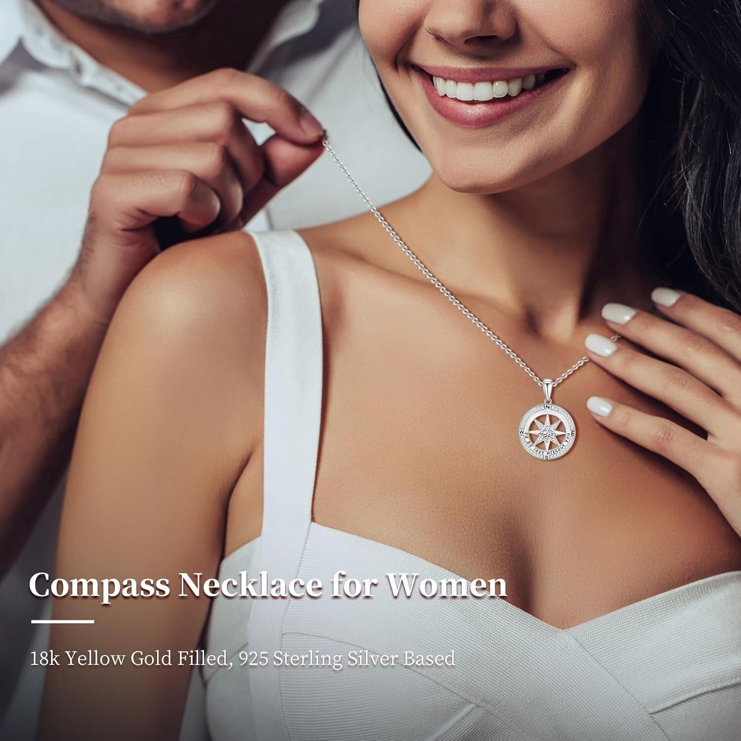Cubic Zirconia Compass Necklace - 18k Gold Filled Gift for Wife or Girlfriend