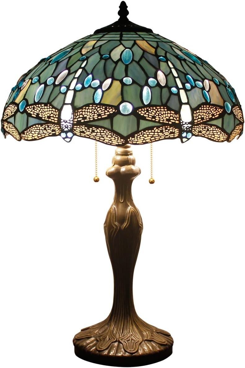 Antique Bronze Dragonfly Tiffany Lamp - Sea Blue Stained Glass Shade 16x24"