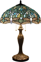 Load image into Gallery viewer, Antique Bronze Dragonfly Tiffany Lamp - Sea Blue Stained Glass Shade 16x24"