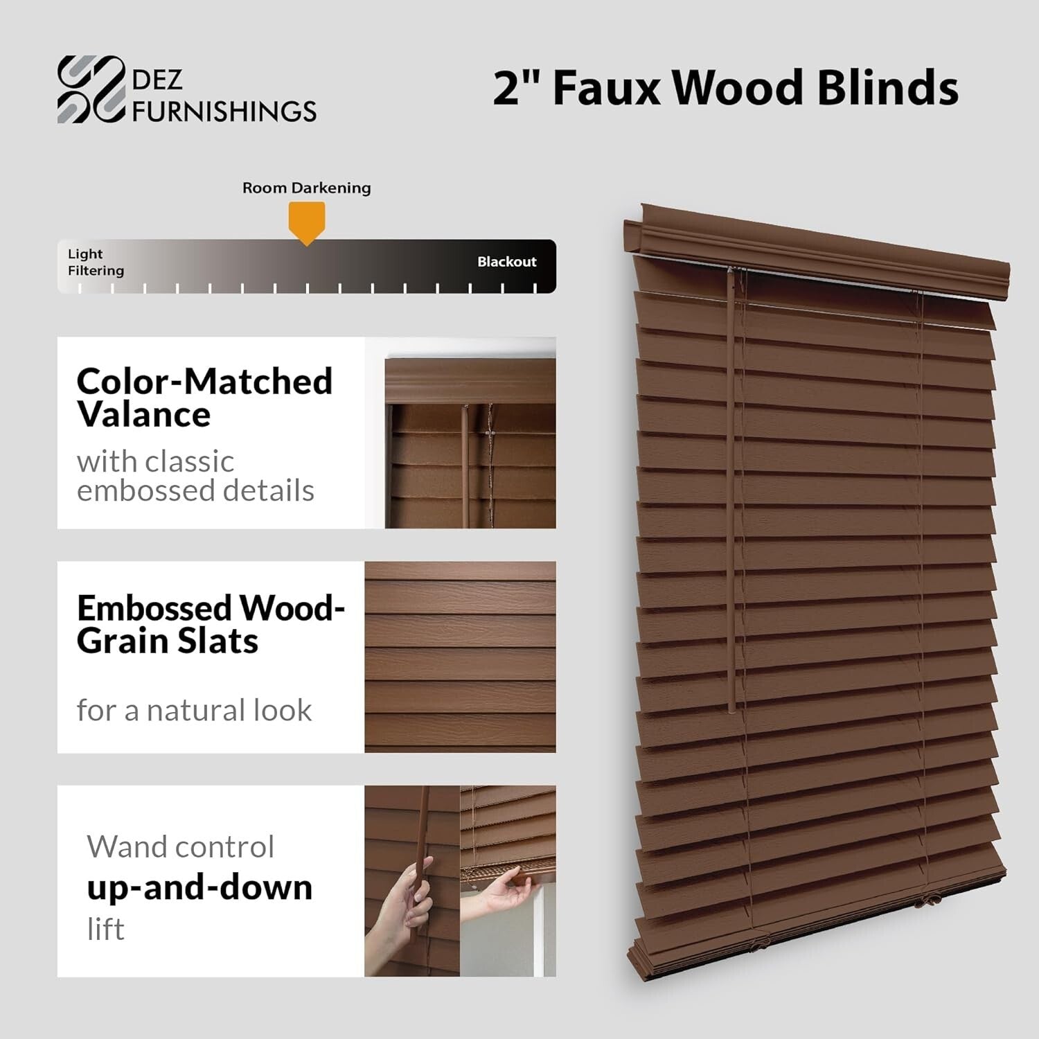 Cordless Dark Oak Faux Wood Blinds, 33.75" W x 72" H, Stylish Window Treatment