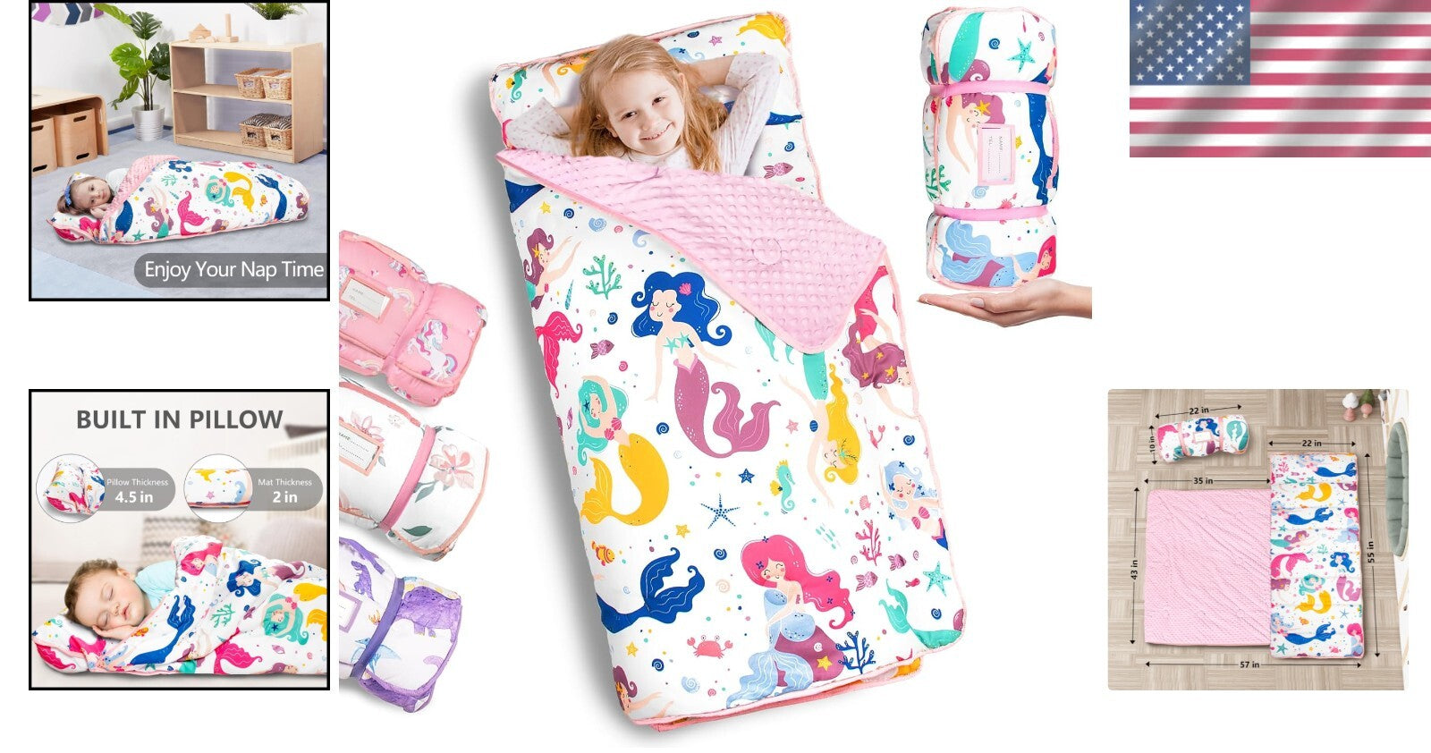 Cozy Machine Washable Nap Mat for Kids - Mermaid, Ideal for Preschool & Travel