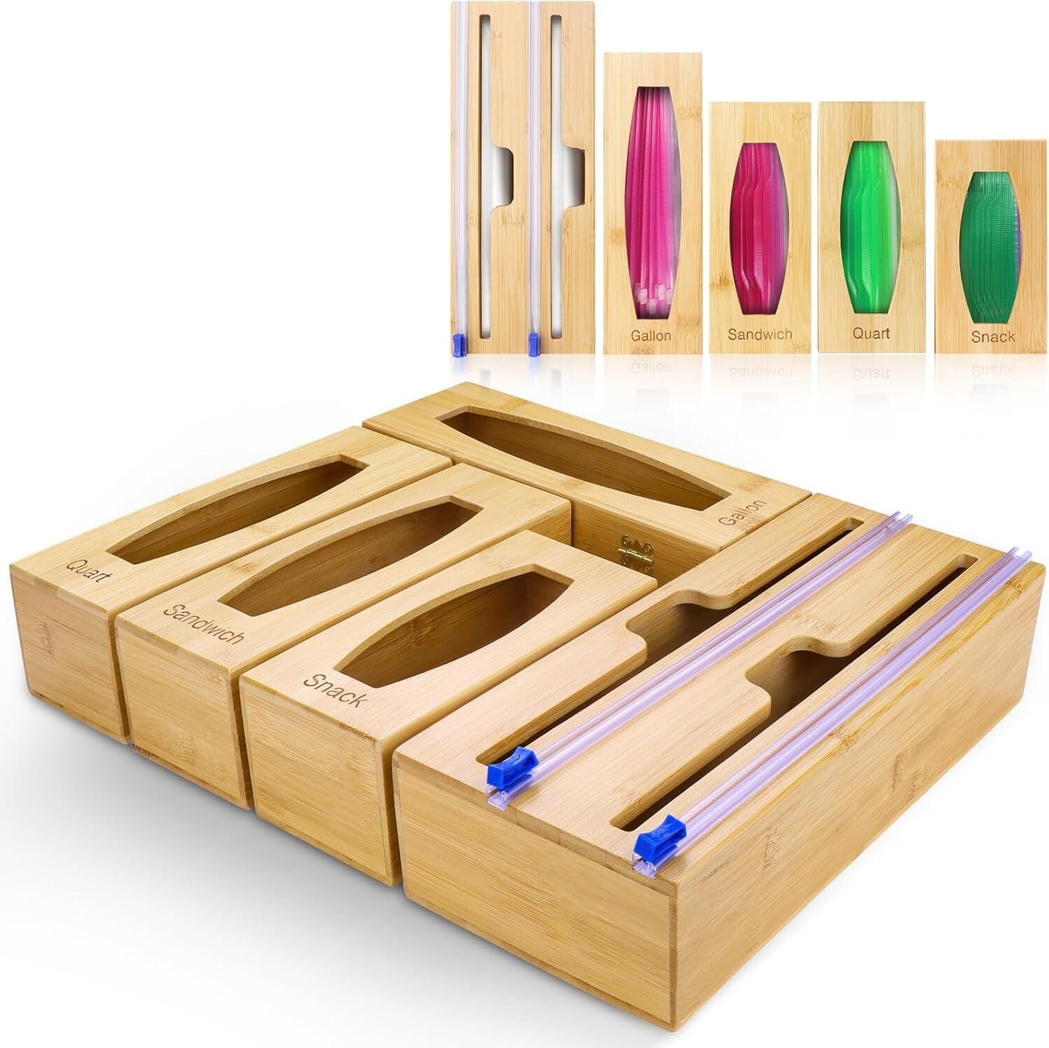 Elegant 5-In-1 Kitchen Drawer Organizer with Bamboo and Plastic Wrap Holder