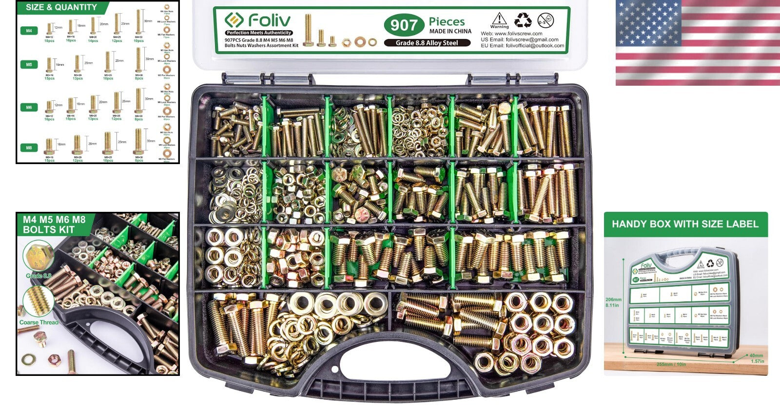 907-Piece Grade 8.8 Metric Bolt Assortment M4 M5 M6 M8 with Yellow Zinc Coating