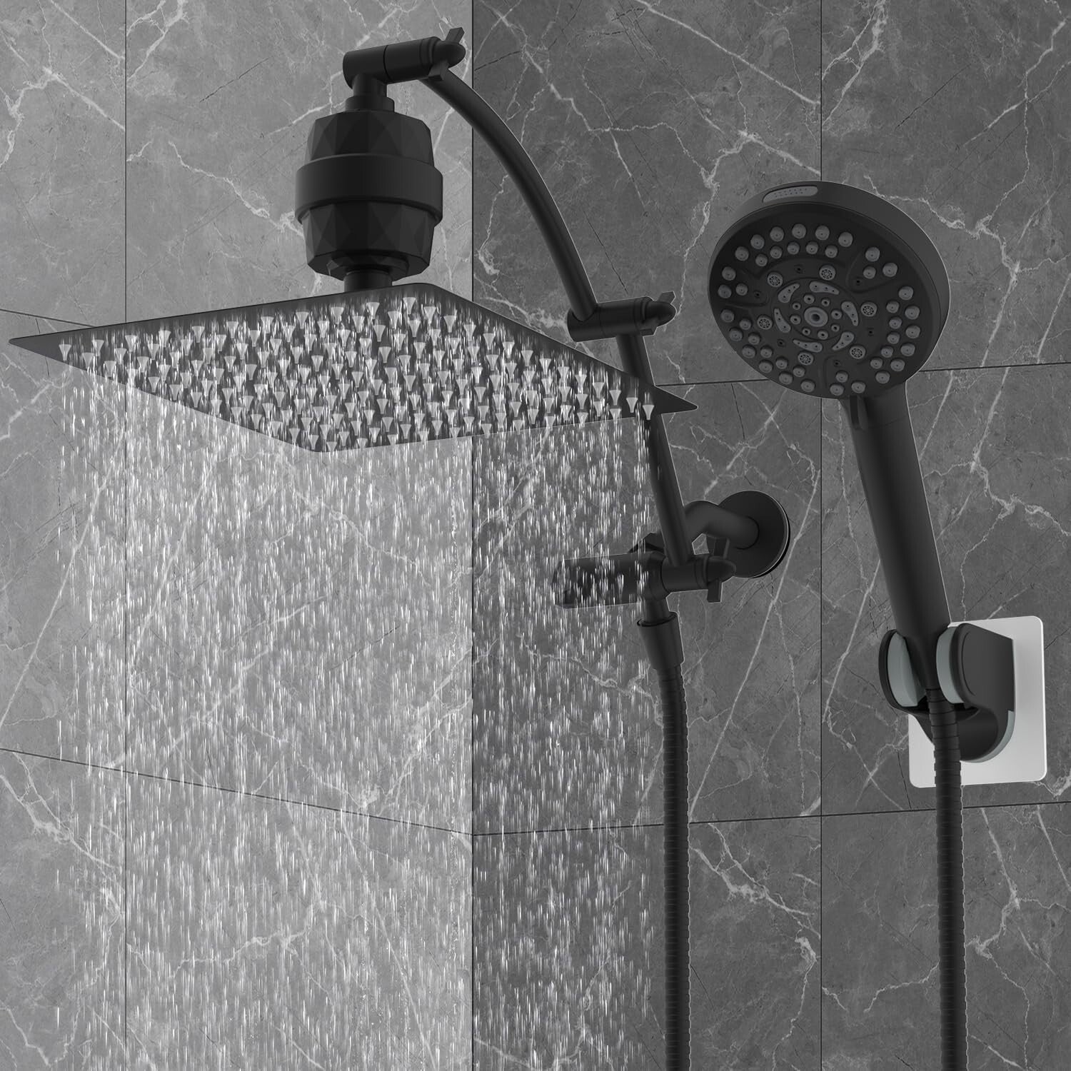 Premium 16'' Adjustable Arc Shower Arm with 12'' Square Rainfall Shower Head