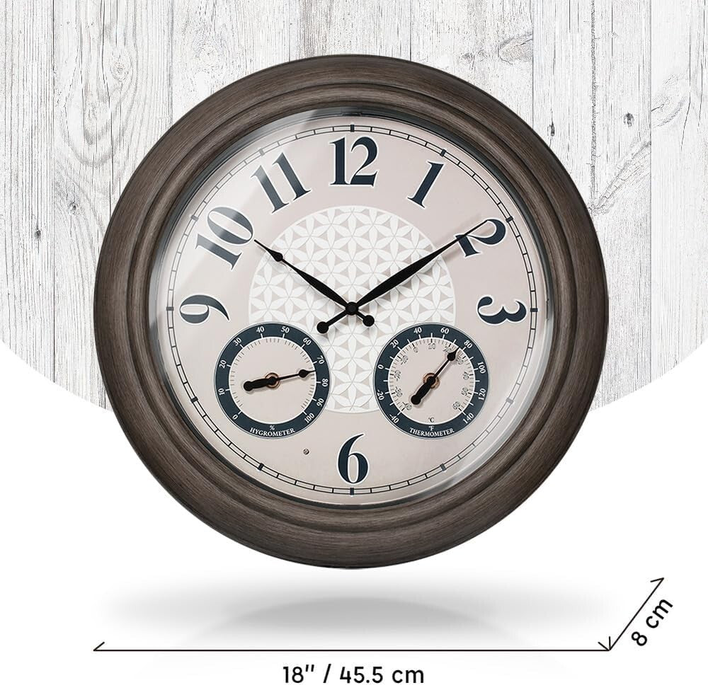 Elegant 18 Inch Illuminated Outdoor Clock with Thermometer - Grey Oak Finish
