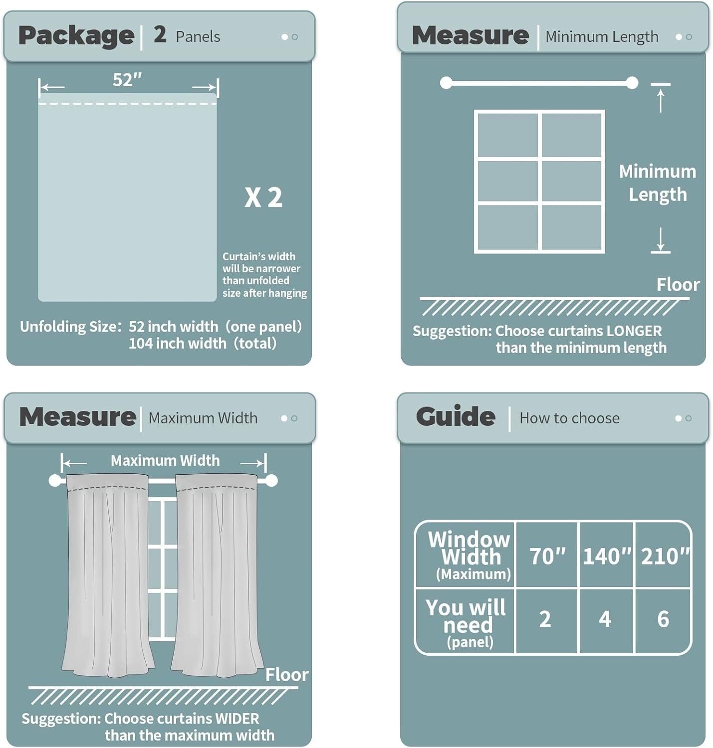 Thermal Insulated Off White Blackout Curtains - 2 Panels 45" Length Each