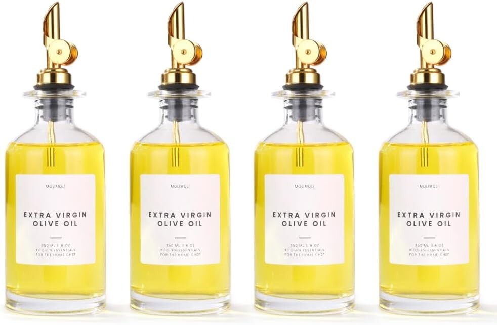 Elegant 350ml Olive Oil Dispenser Set with Gold Pourers and Waterproof Labels