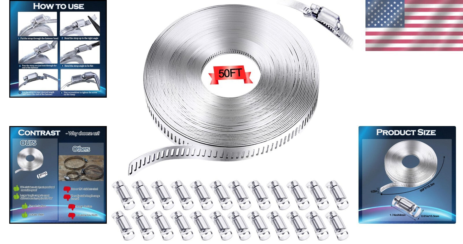304 Stainless Steel Hose Clamp Kit - 50FT Adjustable Strap & 24 Strong Fasteners