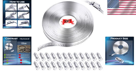 304 Stainless Steel Hose Clamp Kit - 50FT Adjustable Strap & 24 Strong Fasteners