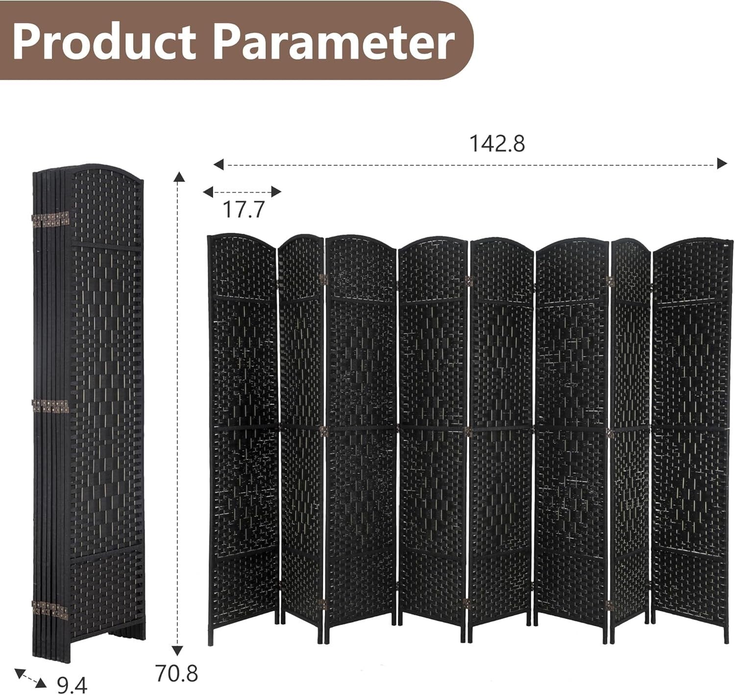 Elegant 8-Panel Room Divider - 6 Ft Black Portable Privacy Screen for Indoor Use