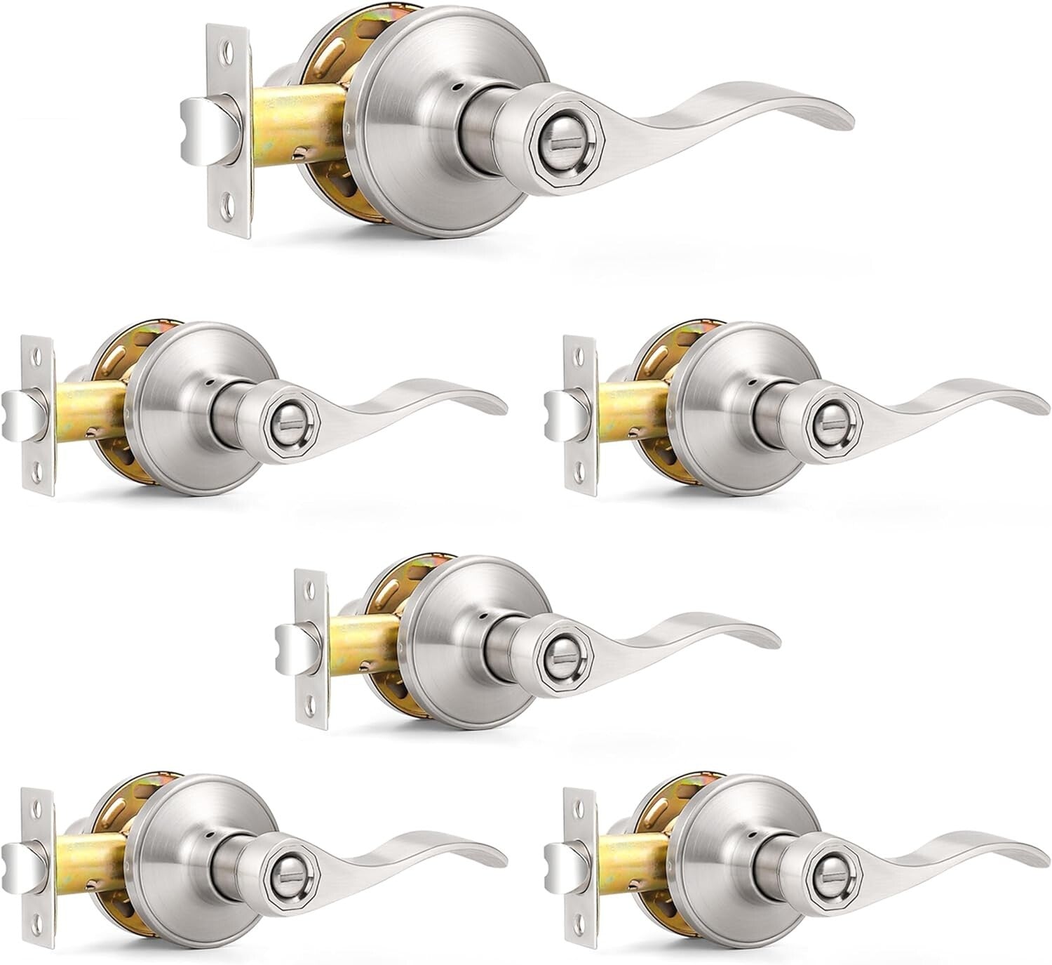 Durable Satin Nickel Wave Privacy Handle Set - 6 Keyless Levers for Easy Install