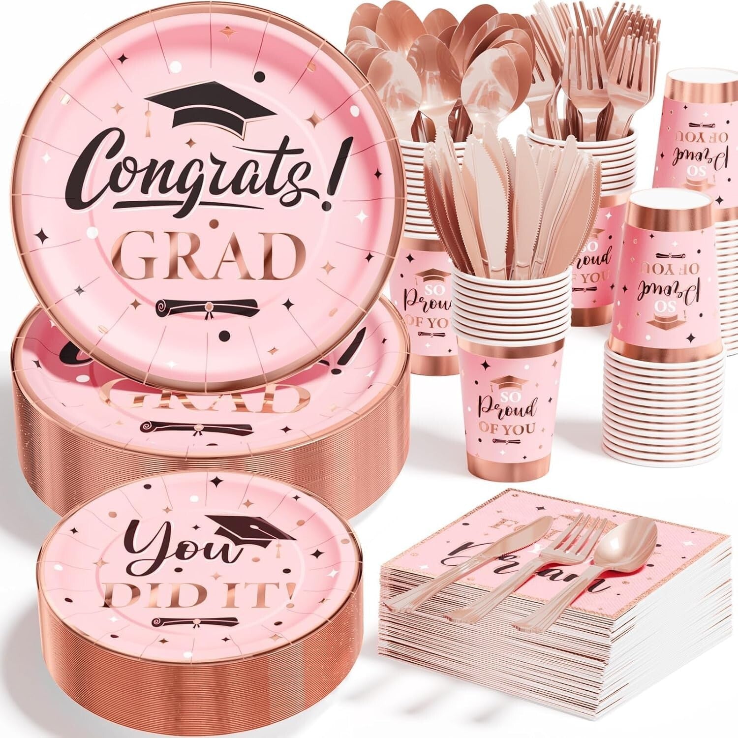 350 PCS Pink Graduation Supplies with Stylish Plates, Cups & Cutlery - Serves 50