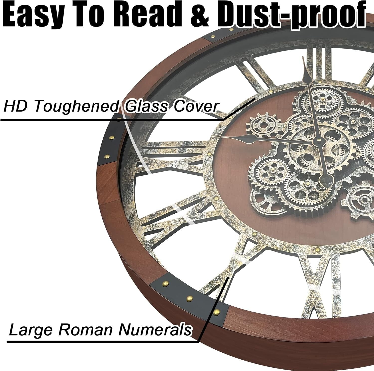 Elegant 27-Inch Vintage Farmhouse Clock with Real Moving Gears & Silent Movement