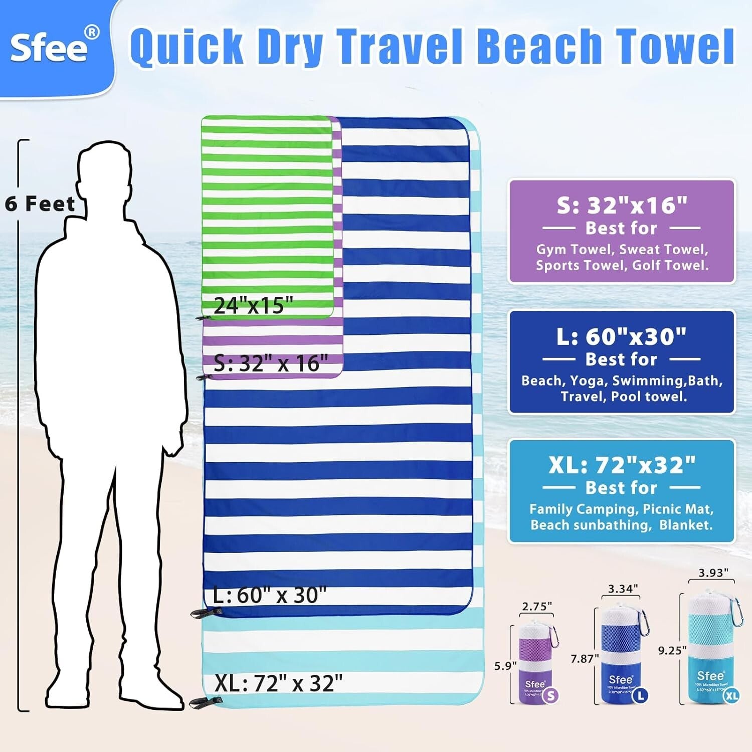 Compact Microfiber Beach and Gym Towels Set - Ultra-Light & Super Absorbent
