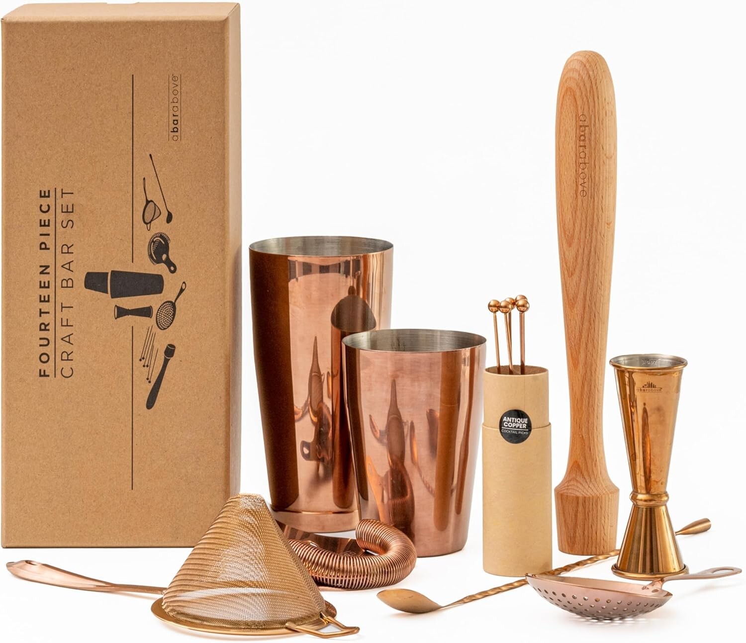 Craft Cocktails Like a Pro - 14-Piece Mixology Set with Antique Copper Finish