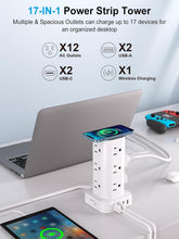 Load image into Gallery viewer, 17-in-1 Power Strip Tower with Wireless Charger &amp; 10FT Extension Cord, White