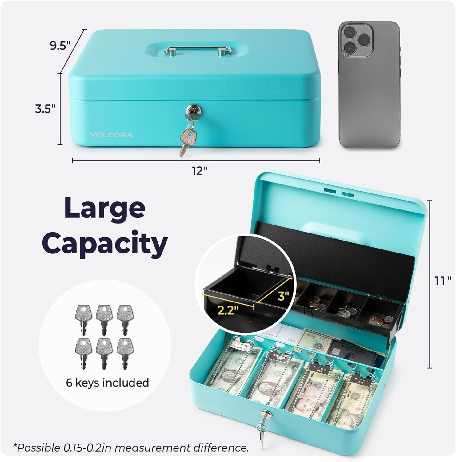 Cyan Key Lock Cash Box: Durable Portable Safe for Events - Heavy-Duty Design